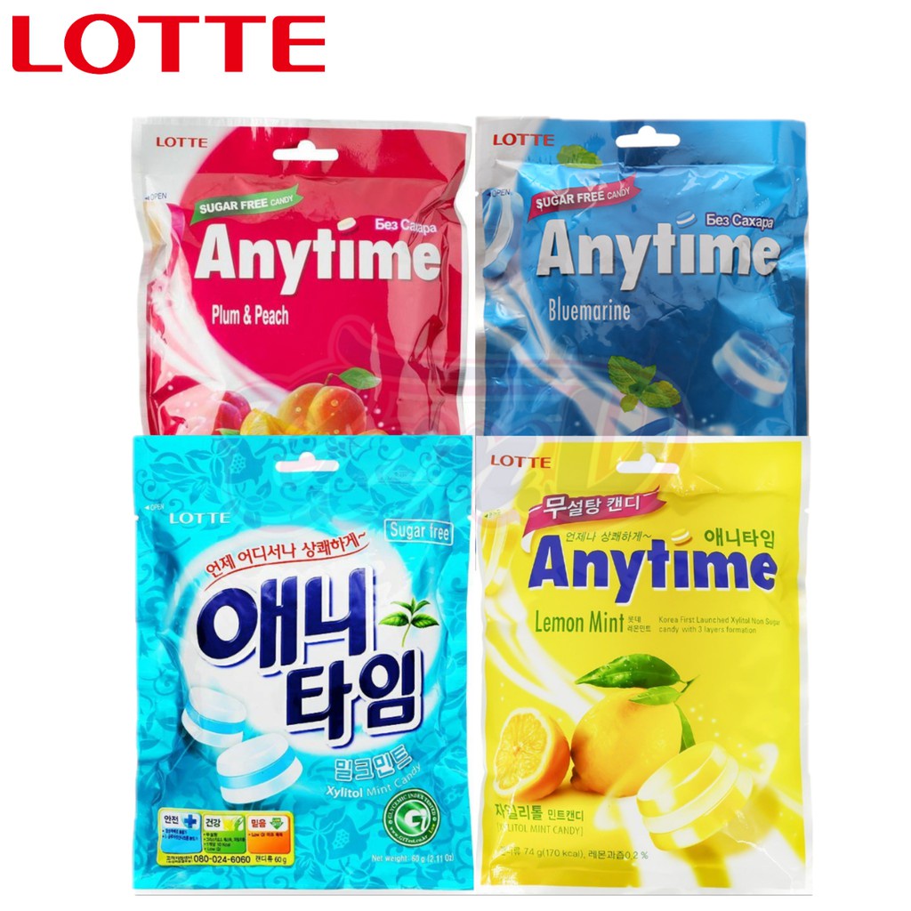 Kẹo Lotte Anytime Mix Vị Chanh/ Bạc Hà/Mận Đào/Bluemarine 74gam