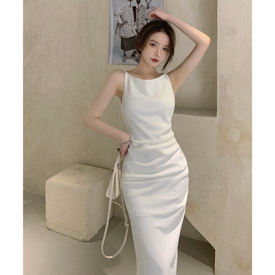 Đầm liền thân trắng hai dây trắng thanh lịch dự tiệc phong cách Hàn Quốc