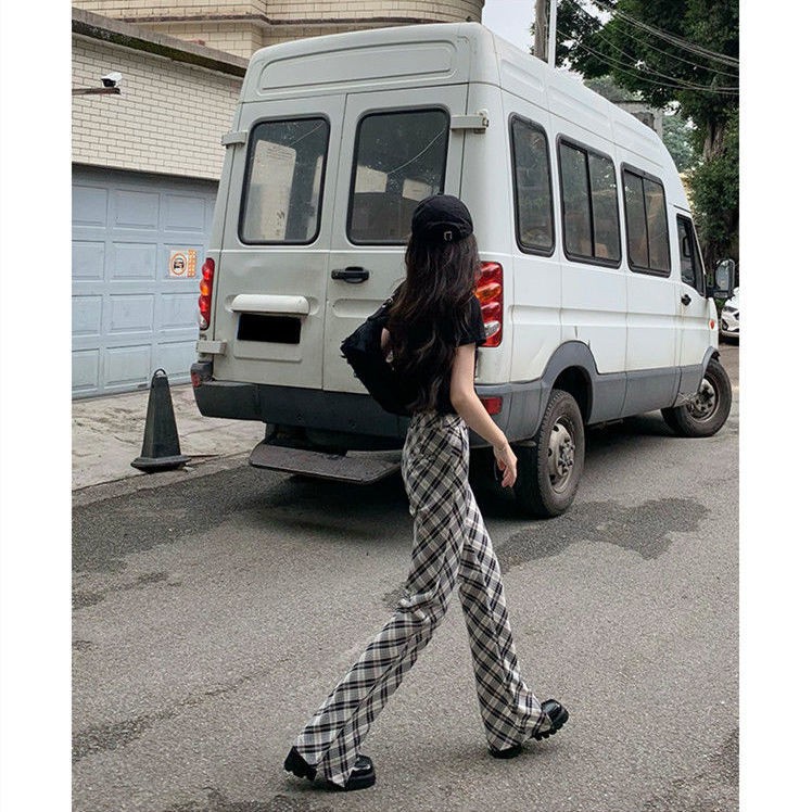 Plaid split flared pants women s 2021 summer new Korean version of loose casual Joker straight leg high waist