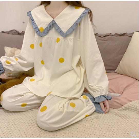 Bộ đồ ngủ thu đông dài tay chấm bi vàng vải cotton phong cách Hàn Quốc (ORDER) | BigBuy360 - bigbuy360.vn