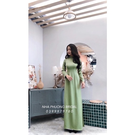 Áo Dài  Lụa Tây Thi Truyền Thống May Sẵn Màu Xanh Lá