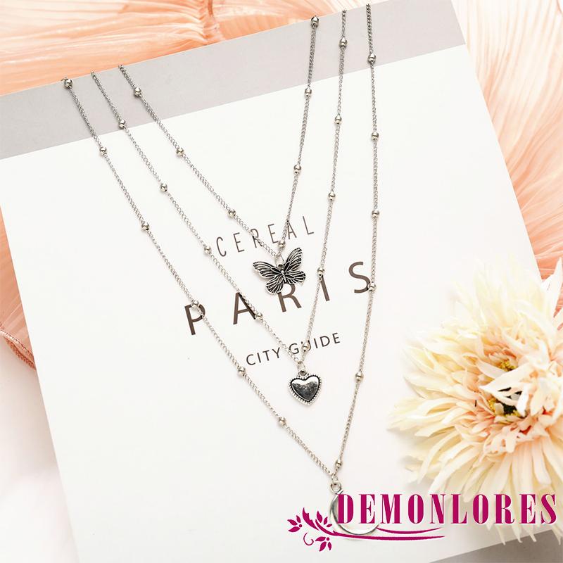 Bộ 3 Vòng cổ hợp kim mặt hình bướm mặt trăng trái tim sáng tạo cho nữ