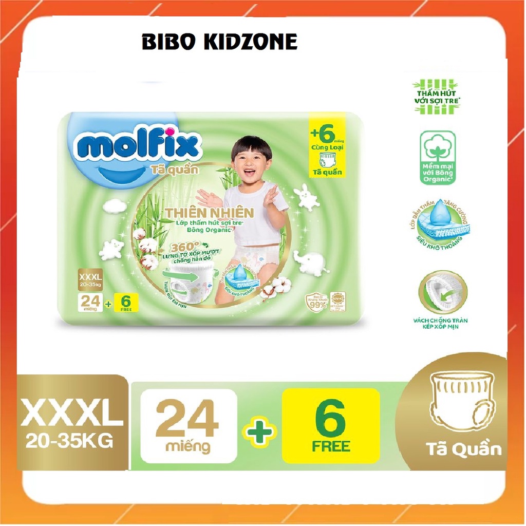 Bỉm quần Molfix thành phần sợi tre, bông organic- Size XXXL - Gói 24+6 miếng