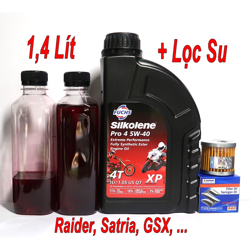 1,4 Lít Nhớt FUCHS SILKOLENSE 5W40 + Lọc Suzuki Raider, Satria, GSX, ...