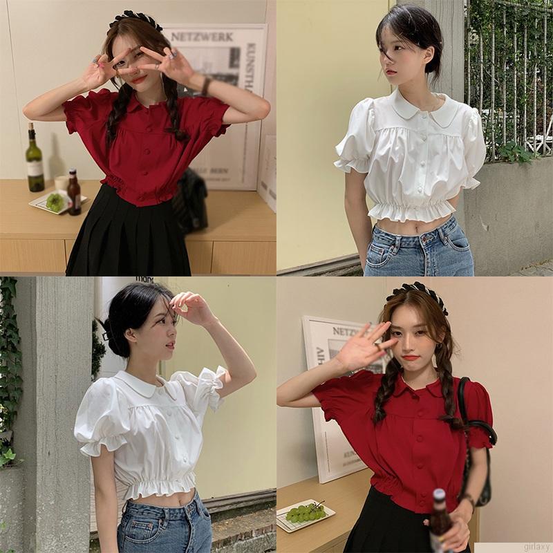 Áo sơ mi croptop tay phồng cổ búp bê màu sắc đơn giản thời trang theo phong cách hàn quốc cho nữ