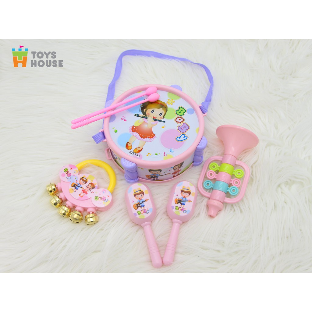 Set đồ chơi Xúc xắc, lục lạc, kèn, trống Toyshouse dành cho bé từ sơ sinh 733 - giúp bé phát triển thị giác, thính giác