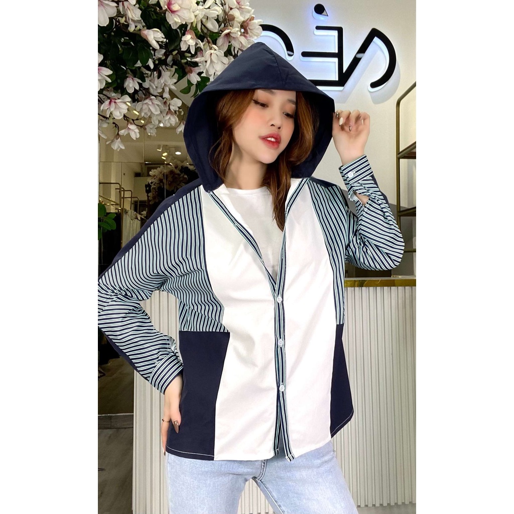 ÁO KHOÁC NỮ PHỐI SỌC XANH CÓ NÓN CAO CẤP AK475 - SHOP NÉO