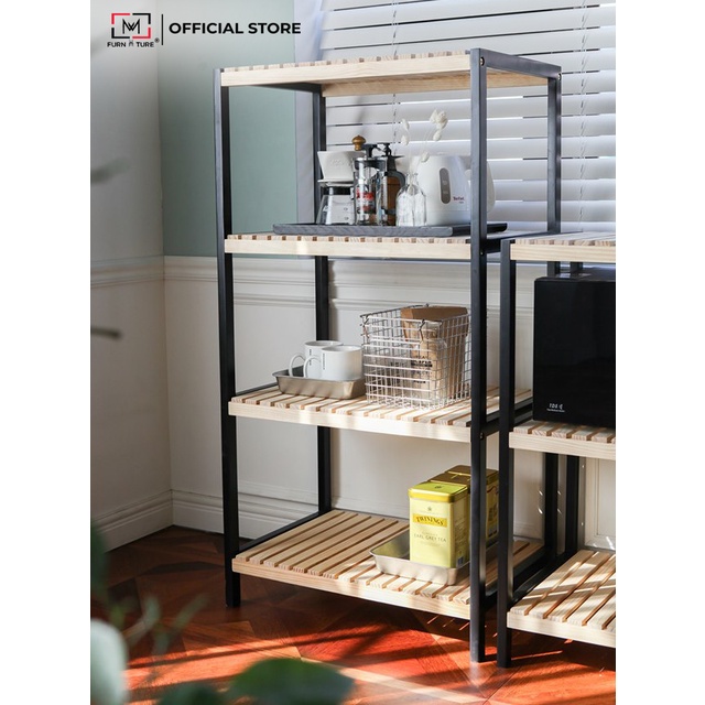 Kệ để lò vi sóng 4 tầng lắp ráp màu đen phối gỗ thương hiệu MW FURNITURE - Nội thất căn hộ