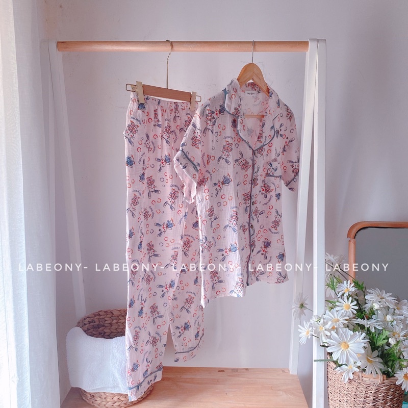 Đồ mặc nhà nữ Pyjama ngắn, dài tay THỎ MUSLIN cao cấp Labeony