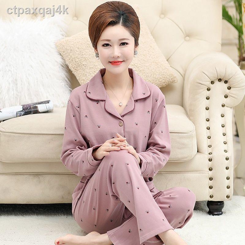 ▥Bộ đồ ngủ mùa xuân và thu cho bà, thu, dài tay, cotton nguyên chất, các bà mẹ trung niên lớn tuổi, phục vụ tại nhà bằng