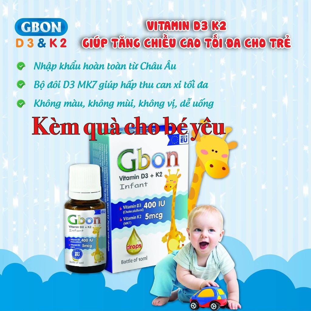 (100% Hàng Auth) Gbon Vitamin D3 K2 Infant Drops - Hỗ Trợ Tăng Cường Hấp Thu Canxi - Chai 10ml