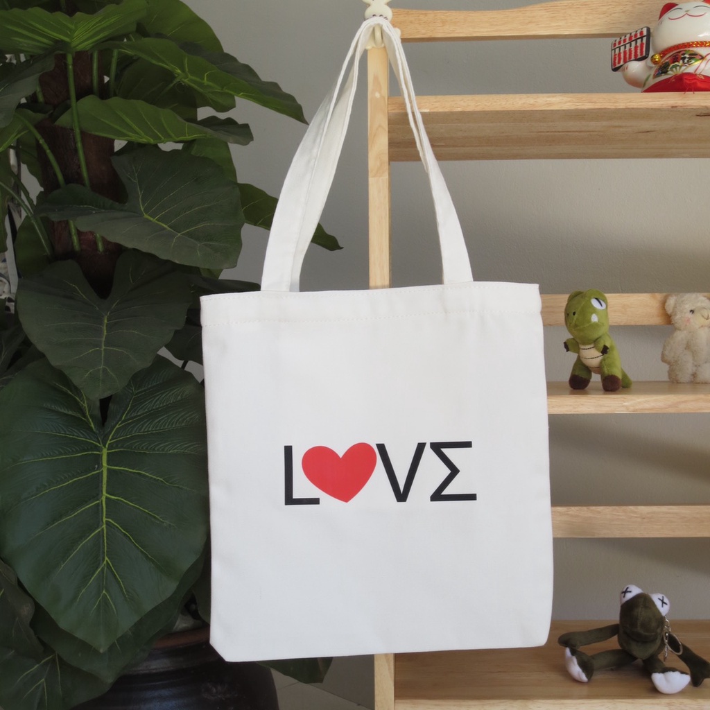 Túi tote vải canvas in chữ Love cách điệu có khóa miệng túi đựng đồ phong cách