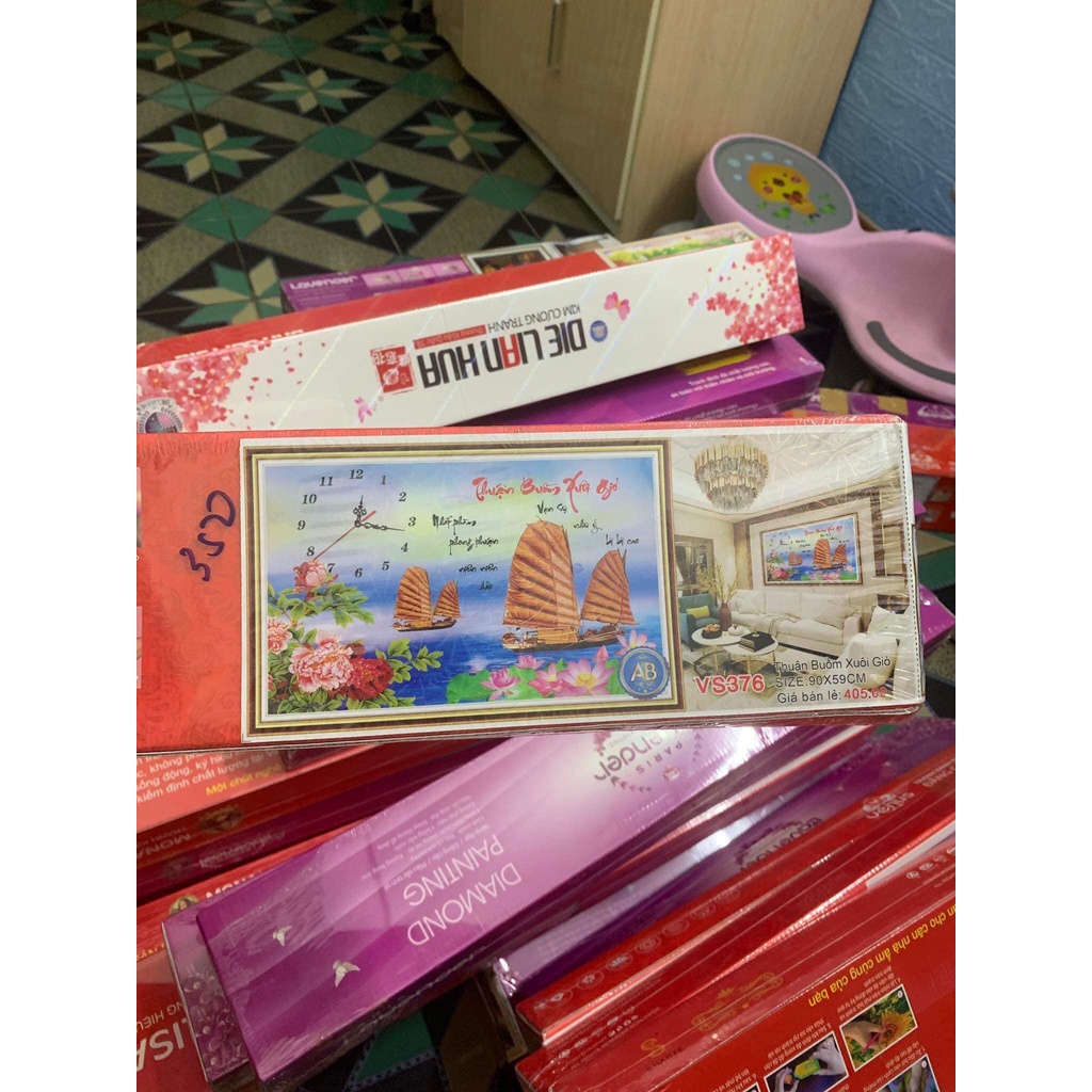 Tranh đính đá đồng hồ thuận buồm xuôi gió ,tranh gắn đá chưa gắn.
