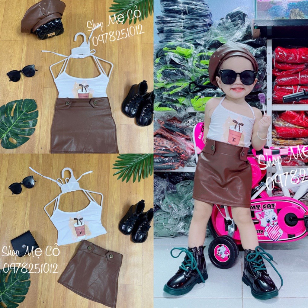 Set 3 Món Áo Thun Chân Váy Da Kèm Nón Chất Da Mềm Mại Co Dãn