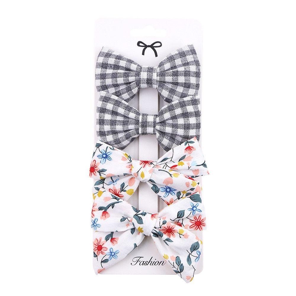 Bộ 4 Kẹp Tóc Cotton Lanh In Họa Tiết Caro / Nơ Xinh Xắn Cho Bé Gái