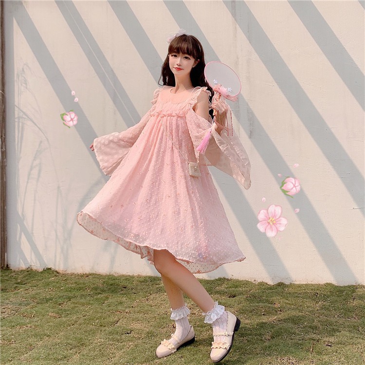 Đầm ren công chúa bay màu hồng trễ vai hạ vai tay dài ulzzang