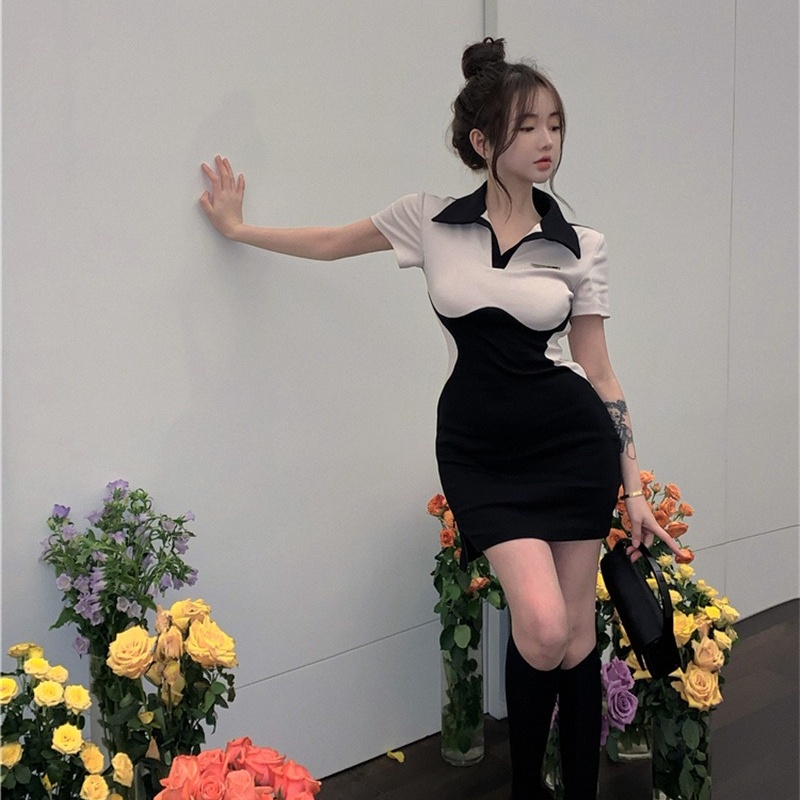 Đầm Ngắn Cổ Polo Màu Sắc Tương Phản Phong Cách Hàn Quốc Thời Trang Cho Nữ