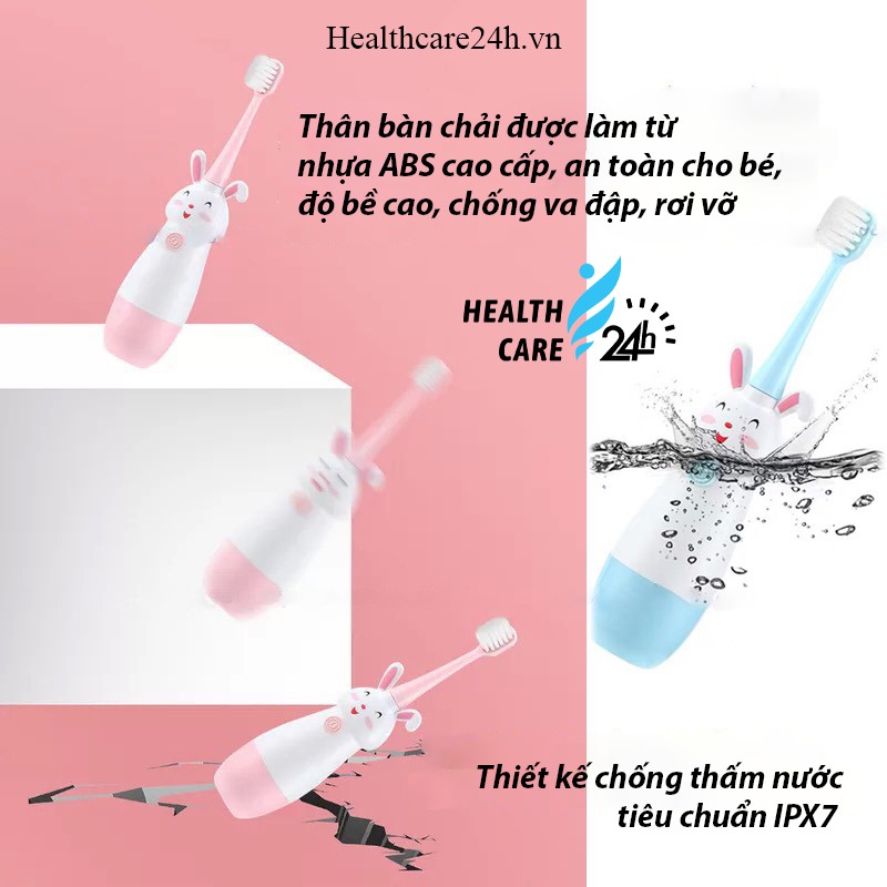 Bàn chải đánh răng điện cho bé trai bé gái từ 2 tuổi hình thỏ cute, Healthcare24h D001, nhựa ABS cao cấp kèm 2 đầu thay