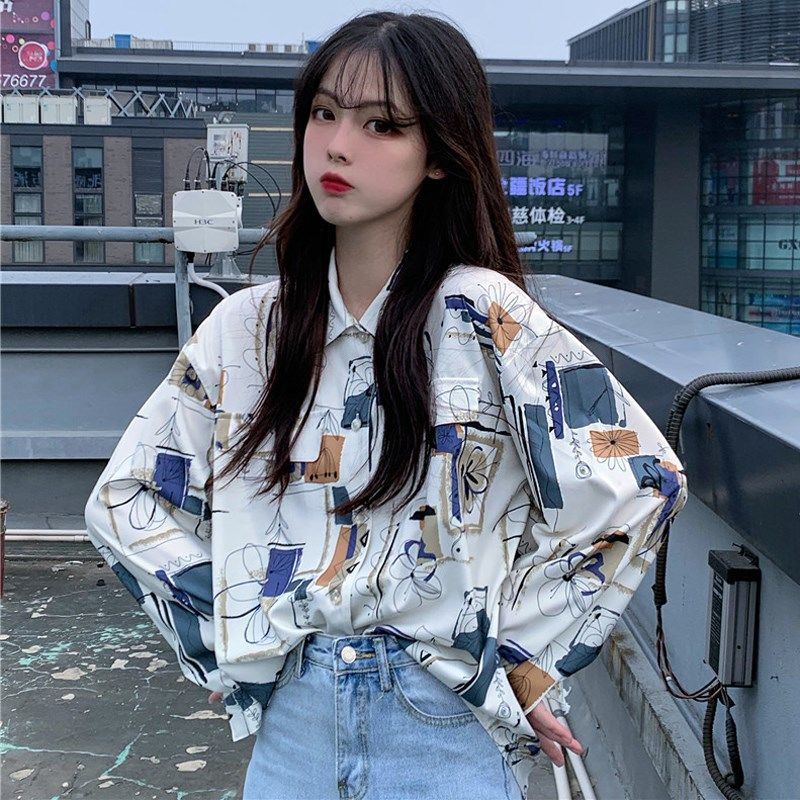 Áo Sơ Mi Tay Dài Dáng Rộng In Họa Tiết Sáng Tạo Phong Cách Hàn Quốc Thời Trang Mùa Thu Cho Nữ