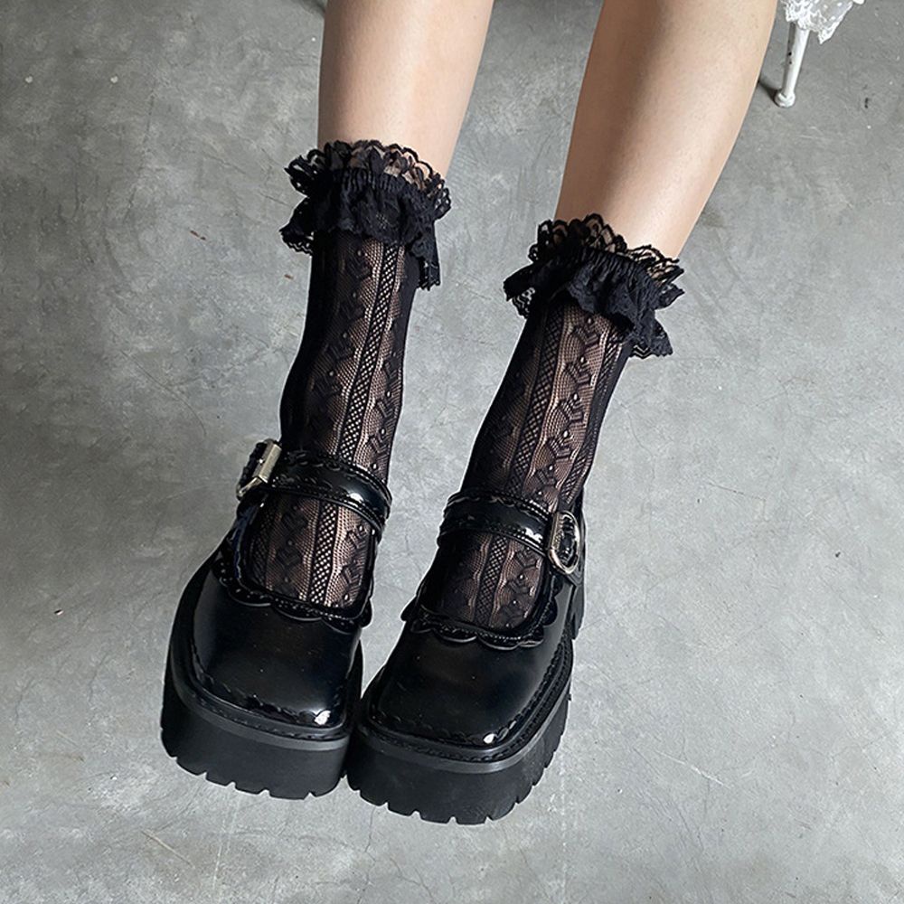 Vớ lưới nhún bèo ren họa tiết hoa rỗng phối nơ phong cách Lolita Hàn Quốc ngọt ngào sành điệu cho nữ