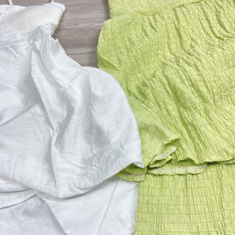 Set áo 2 dây hở lưng có đệm ngực lót mix quần sooc dáng váy babydoll quần đùi chất đũi tơ xước