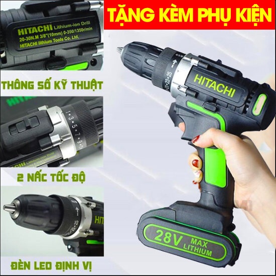 [ĐA NĂNG] Máy Khoan Pin Hitachi Xanh 28V - Bắt Vít Cầm Tay HTC Xanh - 100% Lõi Đồng - Khoan sắt, gỗ đa năng