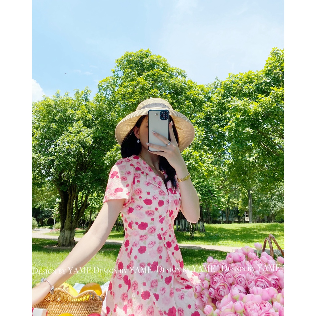 Váy hoa hồng cổ vest pink 2 lớp đi chơi đi du lịch YAME