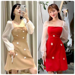 Đầm hoa cổ u tay voan