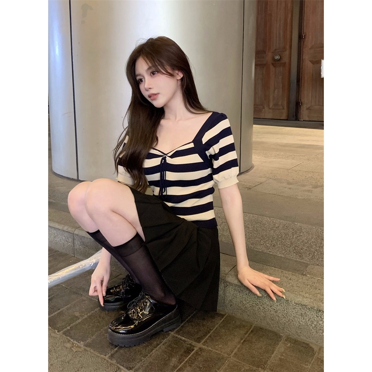 Áo thun ZHELIHANGFEI tay ngắn thiết kế trễ vai hoạ tiết sọc