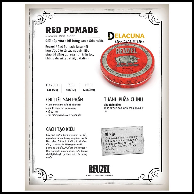 Sáp vuốt tóc nam giữ nếp Reuzel Red Pomade chính hãng tạo độ bóng cao Delacuna RR01