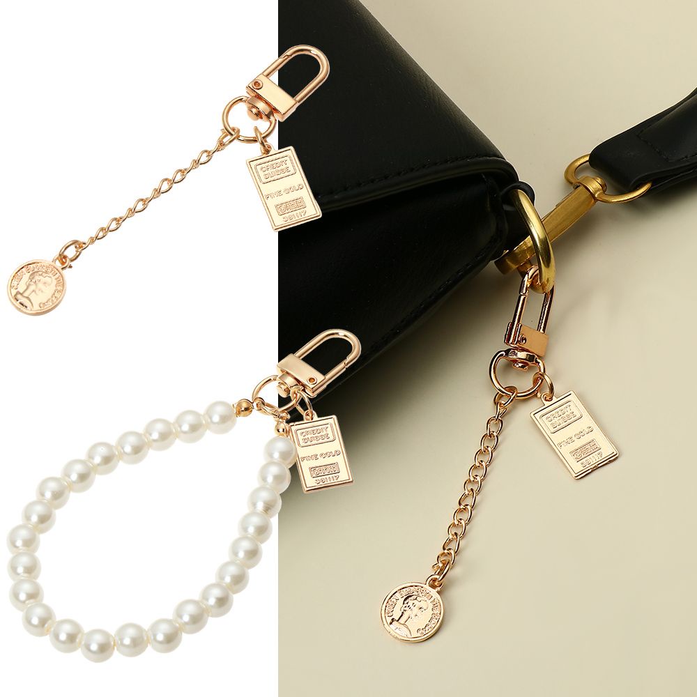 Móc khóa hình đồng xu đính ngọc trai nhân tạo xinh xắn phong cách vintage