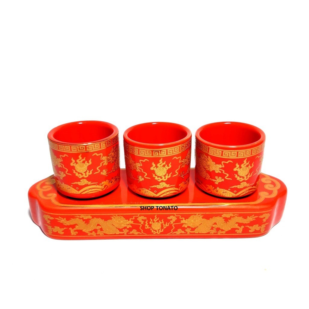 CHUNG BỘ 3 LY THỜ CÚNG RỒNG ĐỎ CAO 7CM