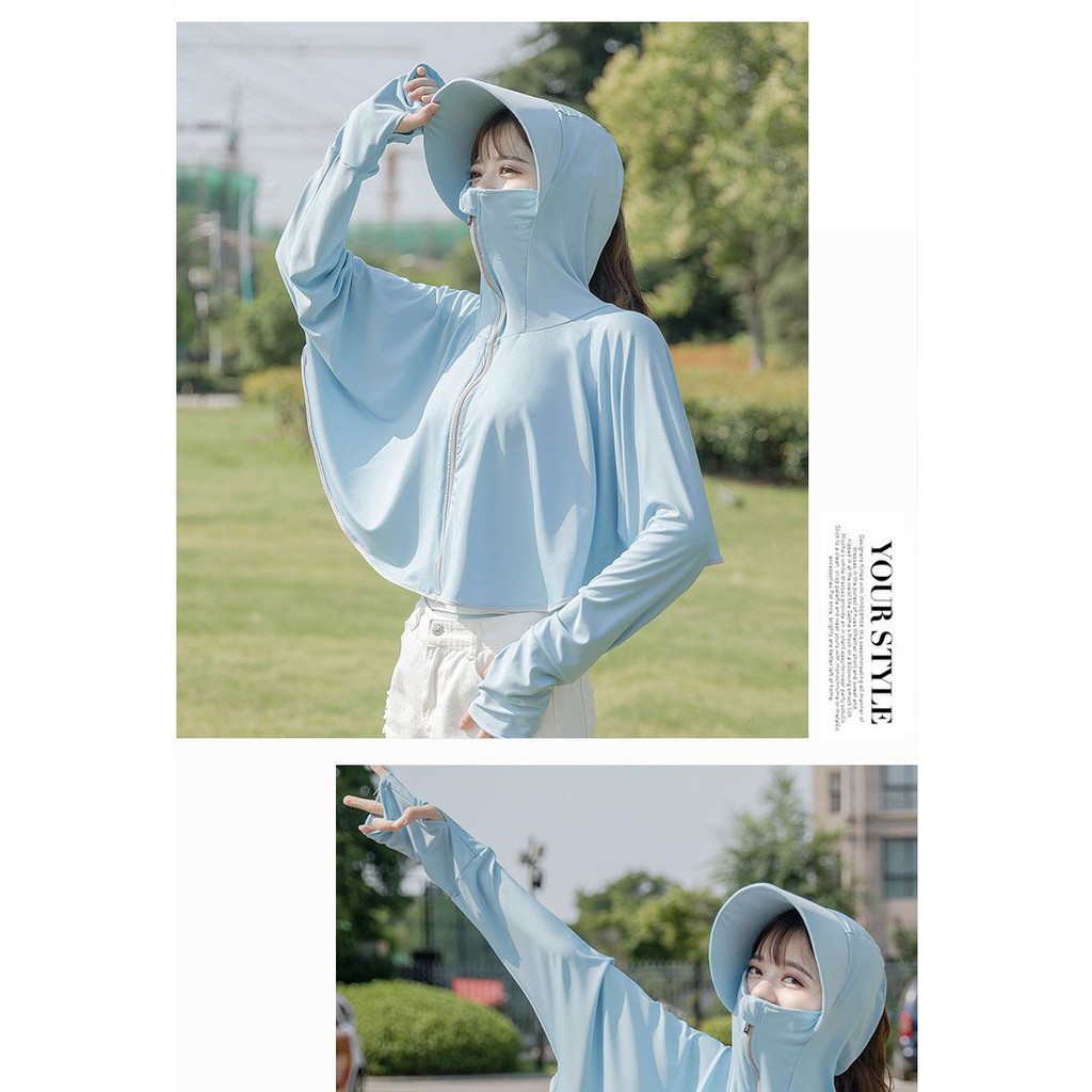 Áo khoác nắng nữ vải thun co giãn 4 chiều có mũ rộng vành chống tia UV siêu mát 2021 | BigBuy360 - bigbuy360.vn