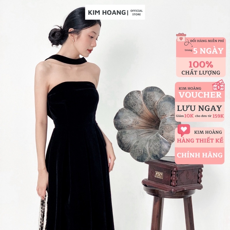 Đầm dự tiệc trễ vai Kim Hoàng. Váy đi tiệc dáng xoè cúp ngực thắt nơ lưng vải nhung đen hàng thiết kế cao cấp (Khả Ngân) | BigBuy360 - bigbuy360.vn