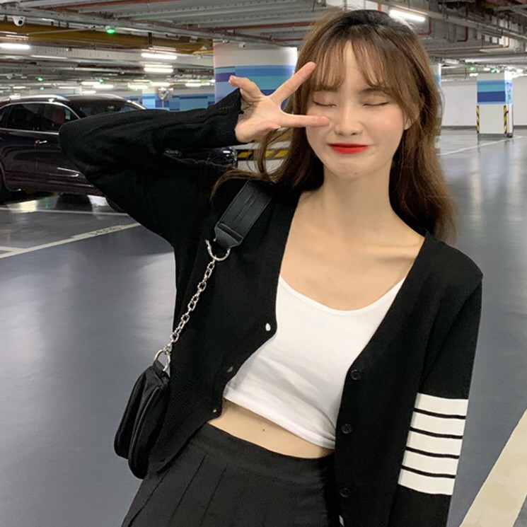 Áo khoác cardigan mỏng ôm dáng cổ chữ V dài tay phối kẻ sọc phong cách mùa thu Hàn Quốc 2020 cho nữ | BigBuy360 - bigbuy360.vn