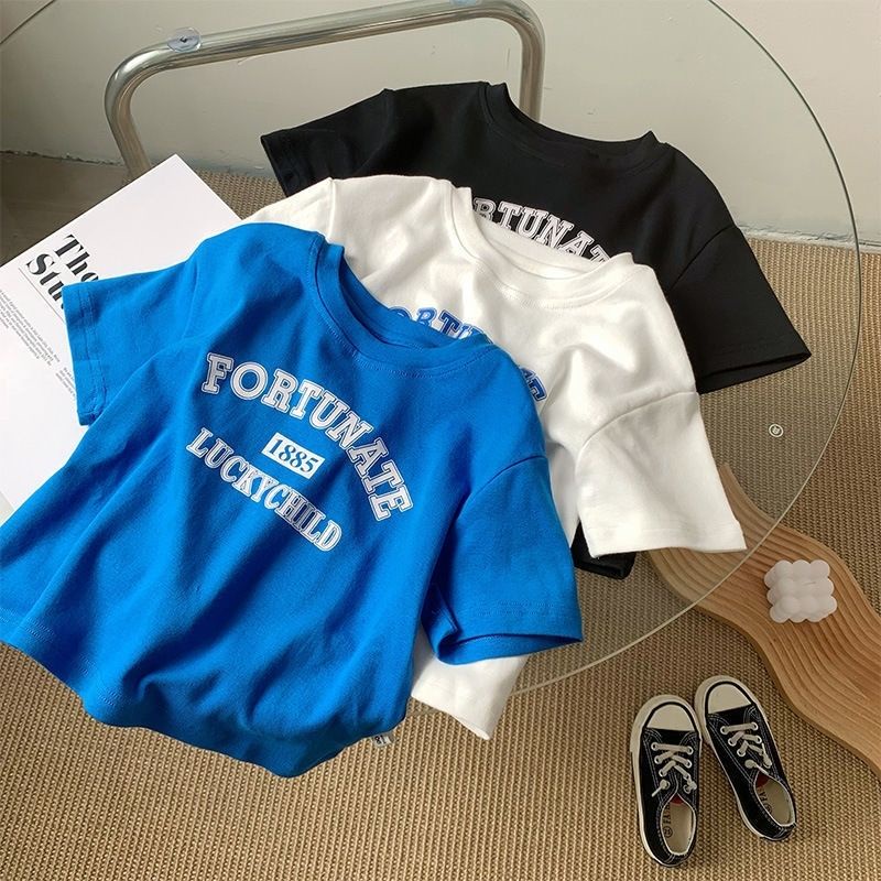 Áo Thun Cotton Cổ Tròn Tay Ngắn Màu Trơn In Họa Tiết Hoạt Hình Phong Cách Hàn Quốc Thời Trang Xuân Hè Cho Bé Trai