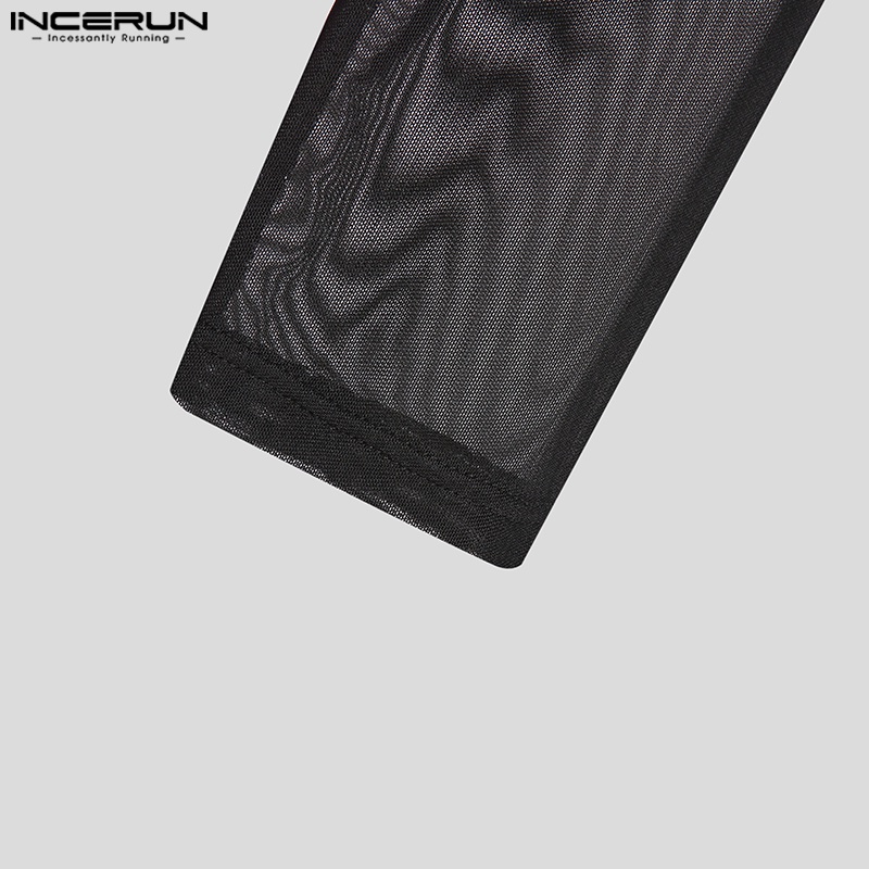 Áo thun Incerun phối lưới trong suốt tay dài in họa tiết trừu tượng thời trang cho nam