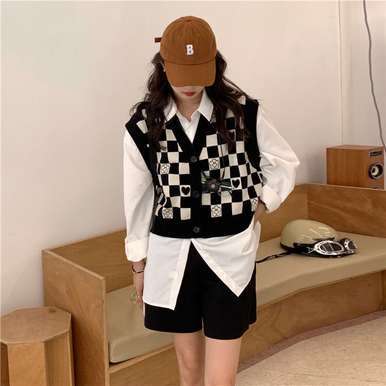 Áo dệt kim không tay dáng ngắn màu trắng đen cho nữ