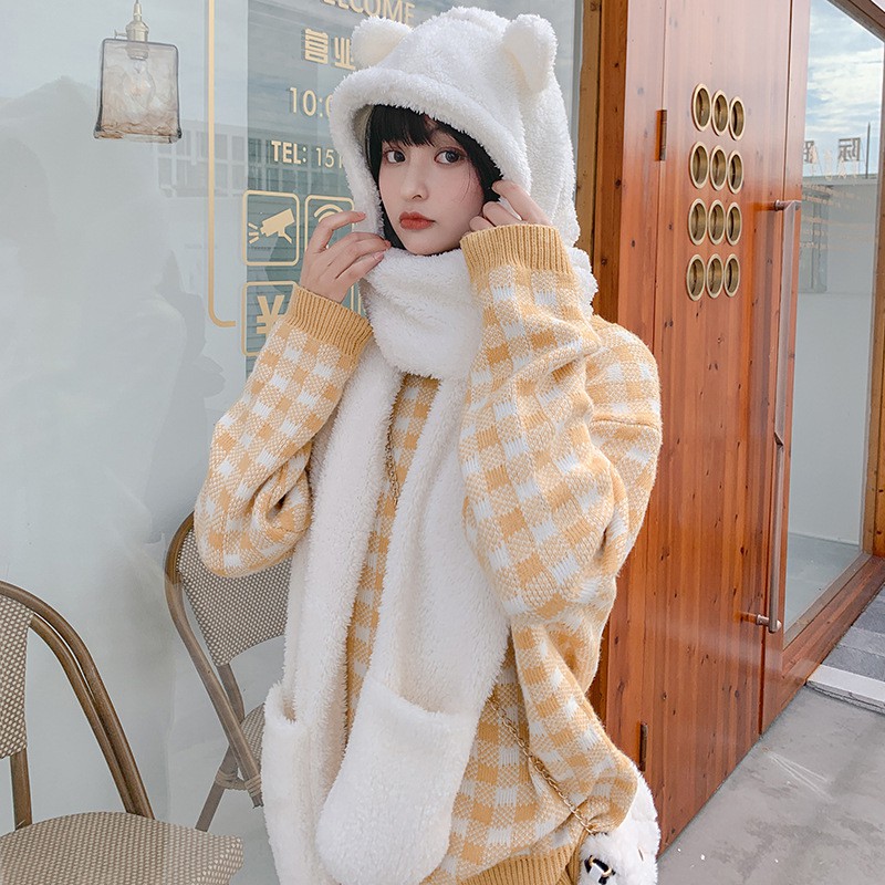 Mũ lông tai gấu kèm khăn quàng cổ và găng tay 3 in 1