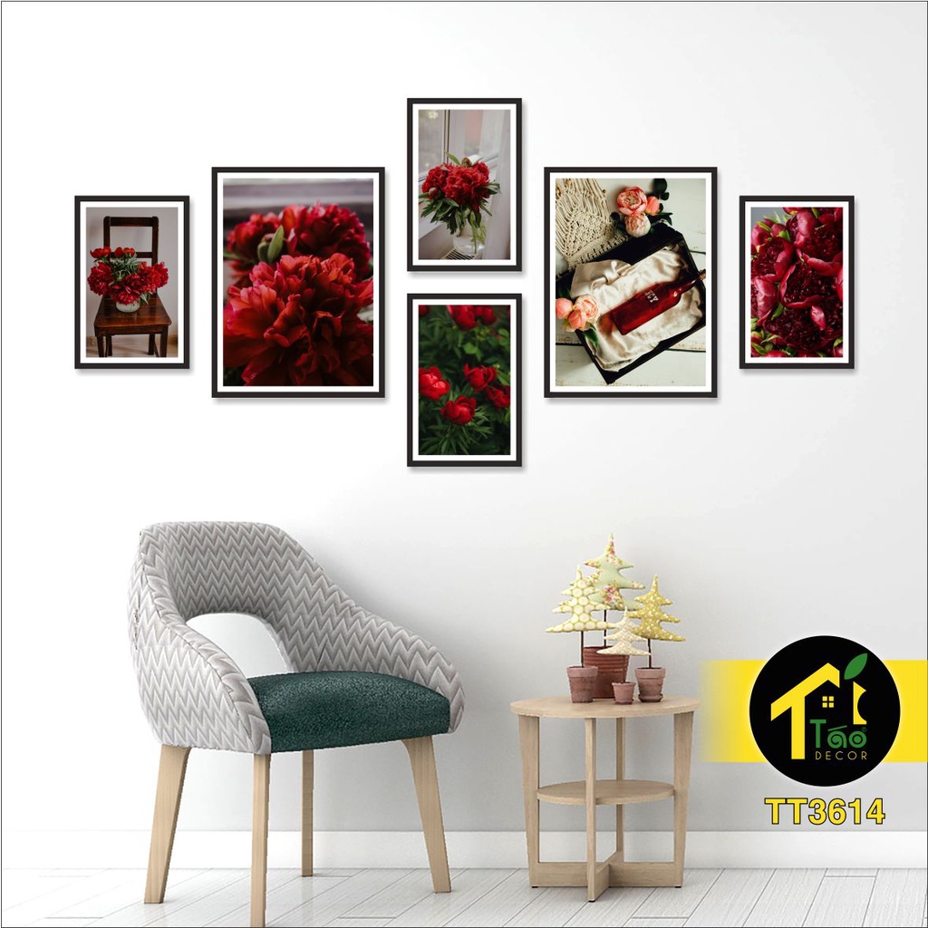 Bộ sưu tập 16 set 6 tranh treo tường, tranh dán tường hoa mẫu đơn siêu nét đầy đủ kích cỡ có sẵn keo hai mặt, Táo Decor