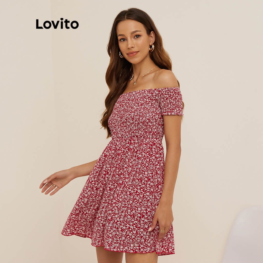 Đầm Lovito trễ vai xếp nếp họa tiết hoa phong cách thường ngày L19D272 (Màu đỏ)