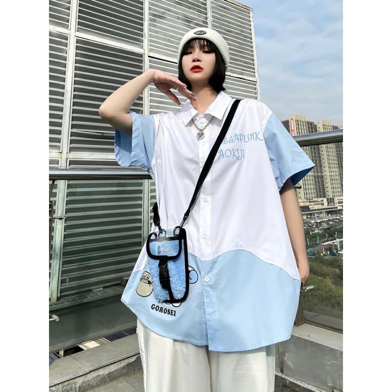 Áo sơ mi hình chú gấu xanh oversize phong cách dễ thương
