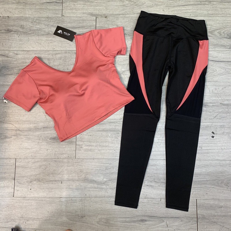 Bộ đồ tập gym yoga nữ quần dài áo croptop kèm mút cổ tim