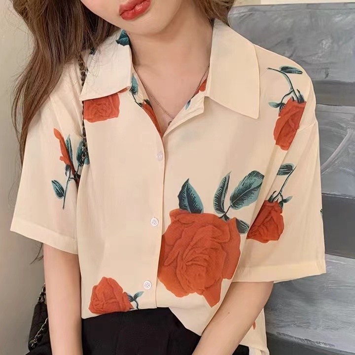 SUXI Áo Sơ Mi Ngắn Tay Dáng Rộng In Họa Tiết Hoa Hồng Kiểu Vintage Thời Trang Mùa Hè Cho Nữ