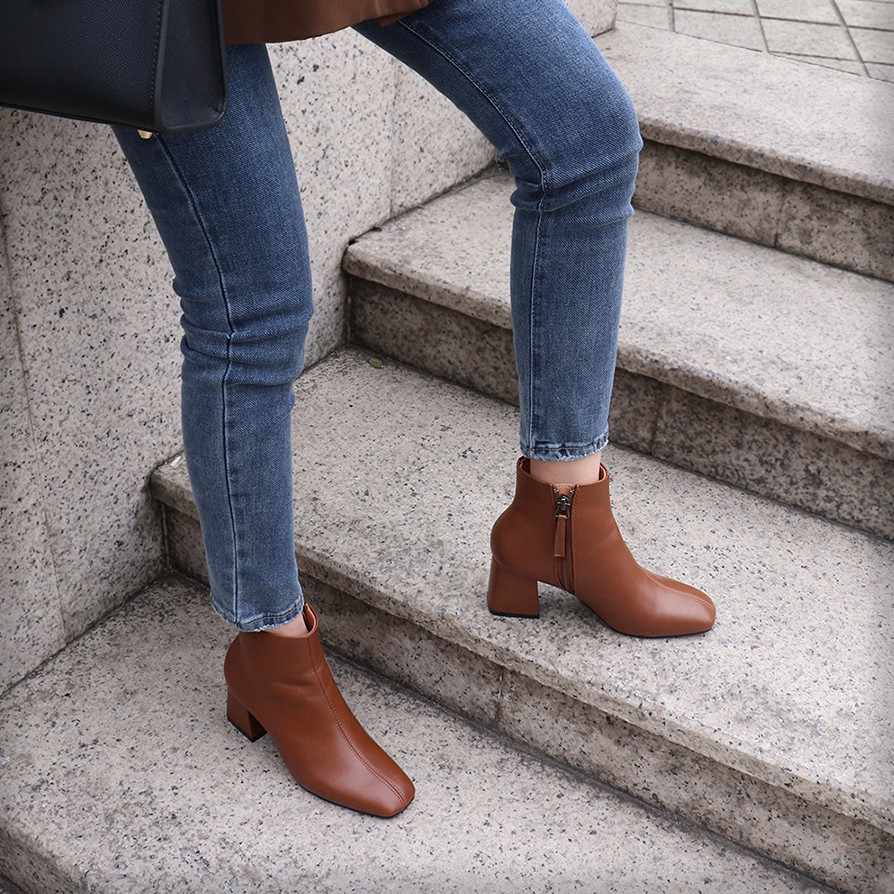 Boot nữ Cao Gót bAimée & bAmor Cổ Thấp Mũi Vuông Gót Vuông Cao 5cm Giày Bốt Đẹp Da Mềm Cao Cấp Màu Đen Kem Nâu - MS1616 | BigBuy360 - bigbuy360.vn