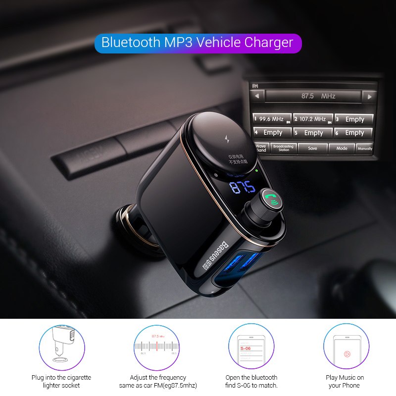 Tẩu Sạc Ô Tô Baseus S06 Bluetooth V4.2, Dual USB, Kết Nối MP3 FM, Gọi Điện Rảnh Tay - Toplink