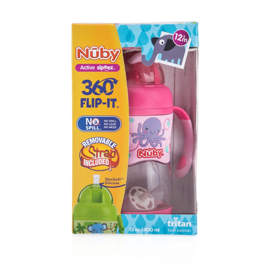 Bình uống nước Nuby ống hút 360 độ 2 tay cầm kèm dây đeo có dung tích 400ml.