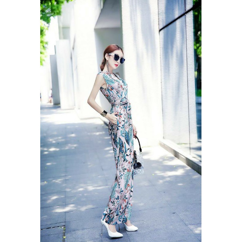 Hàng nhập - Jumpsuit dài lụa mịn in hoa lá, bộ jum ống suông không tay