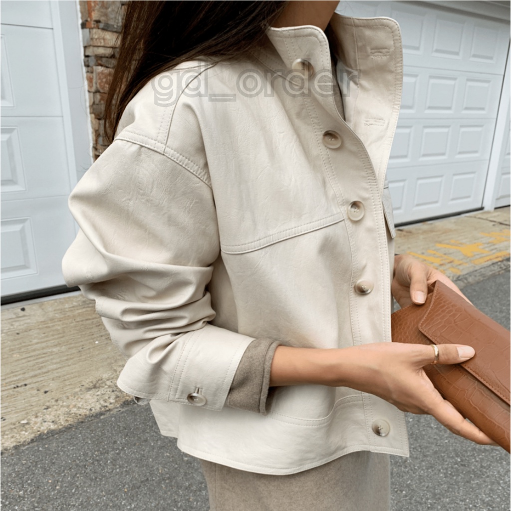 K58|Áo khoác da PU hàn quốc nữ khóa cài croptop dáng ngắn năng động màu đen, be gd_order