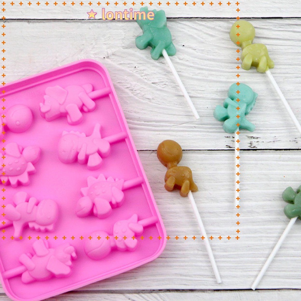 Khuôn silicone làm kẹo mút hình khủng long 8 lỗ DIY kèm 20 que